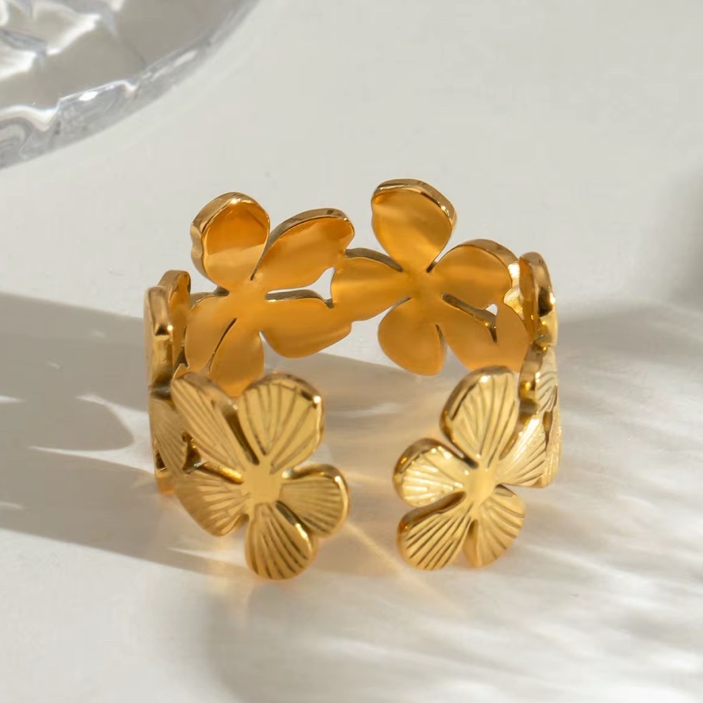 18 k Gold Plated Stainless Steel Adjustable Floral Band Ring